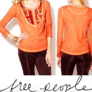 Free People Tiger Eyes Henley Sequin Orange top